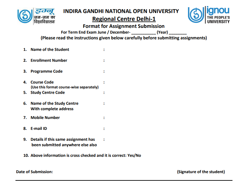 IGNOU Assignment Front Page